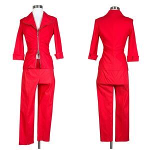 Joseph Ribkoff | Y2K Matching Red Ruched Zip Red Top Slit Cropped Pants Set 4/6